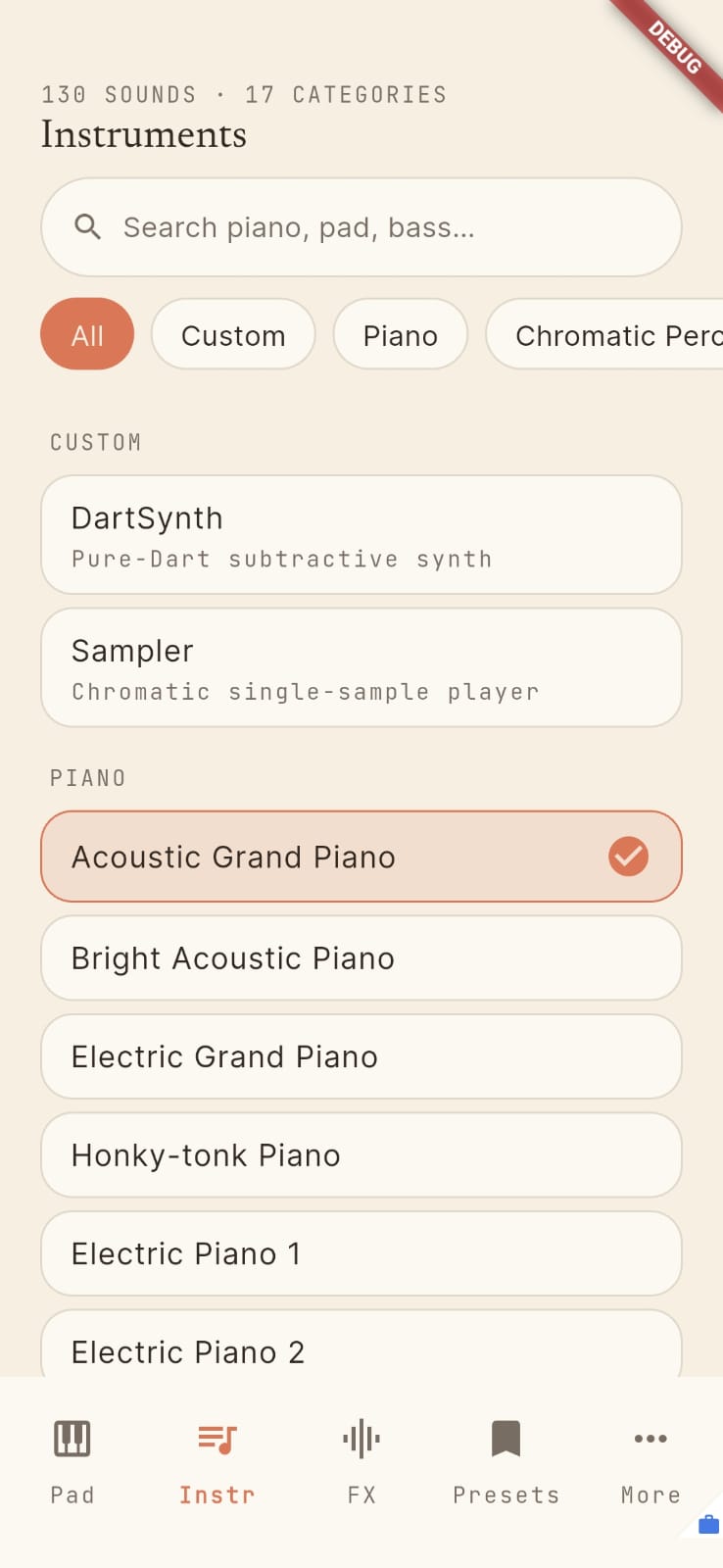 SynthChord Instruments picker with 130 sounds across 17 categories