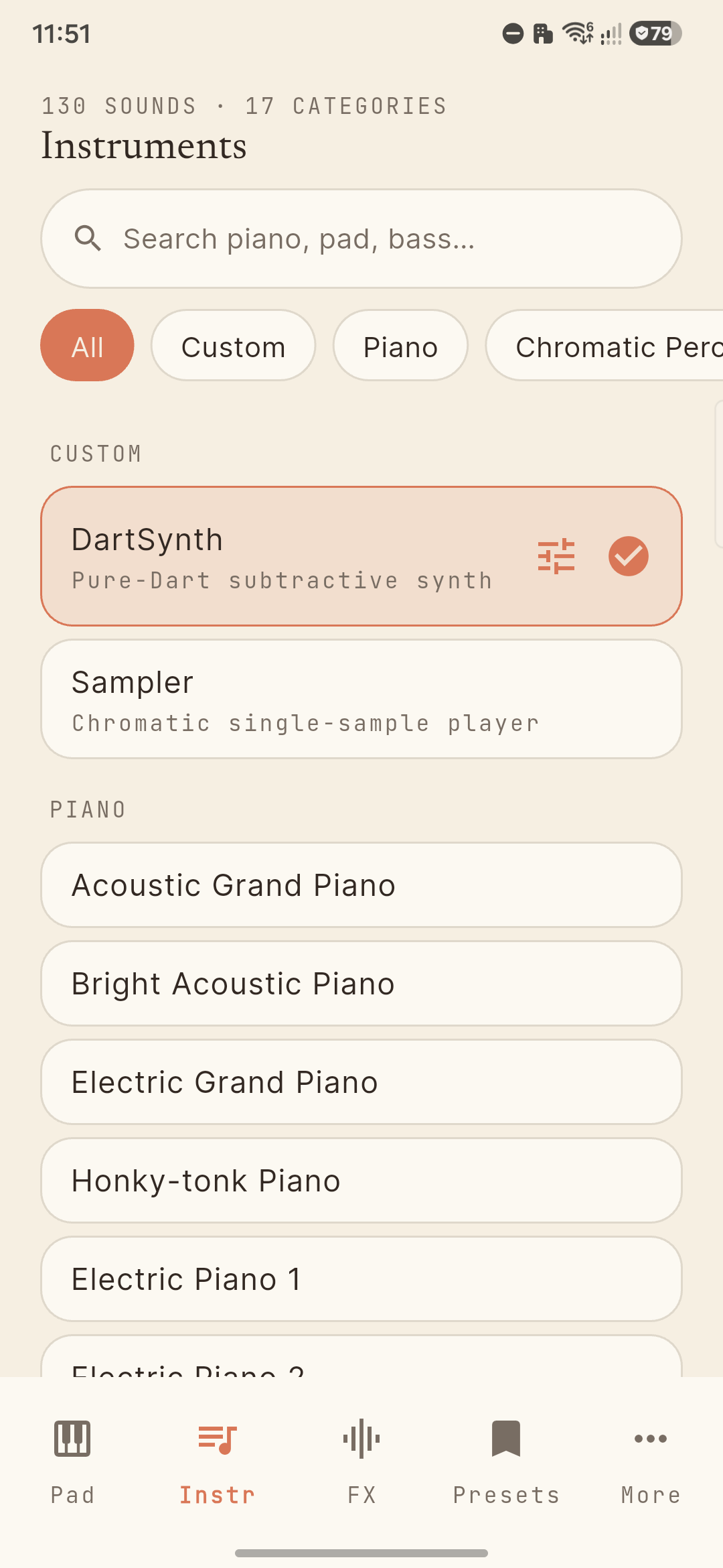 SynthChord Instruments picker with 130 sounds across 17 categories