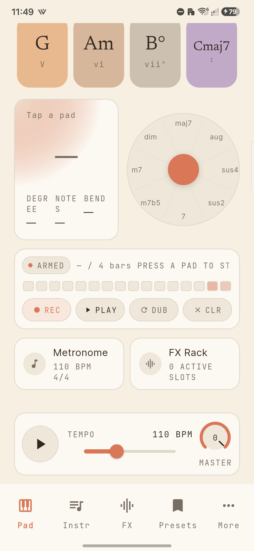 SynthChord looper screen with REC armed and a bar count