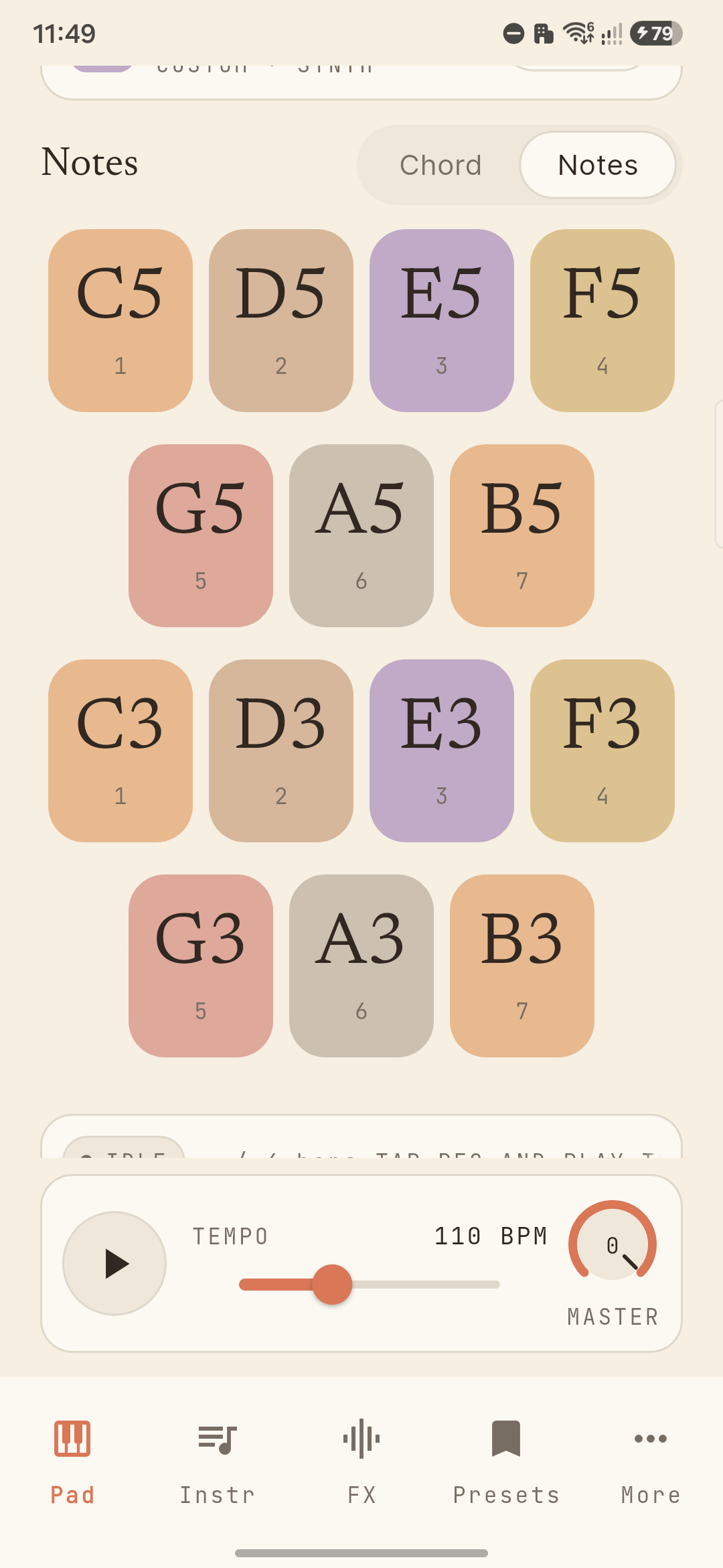 SynthChord Notes mode showing fourteen single-note scale pads in two octaves