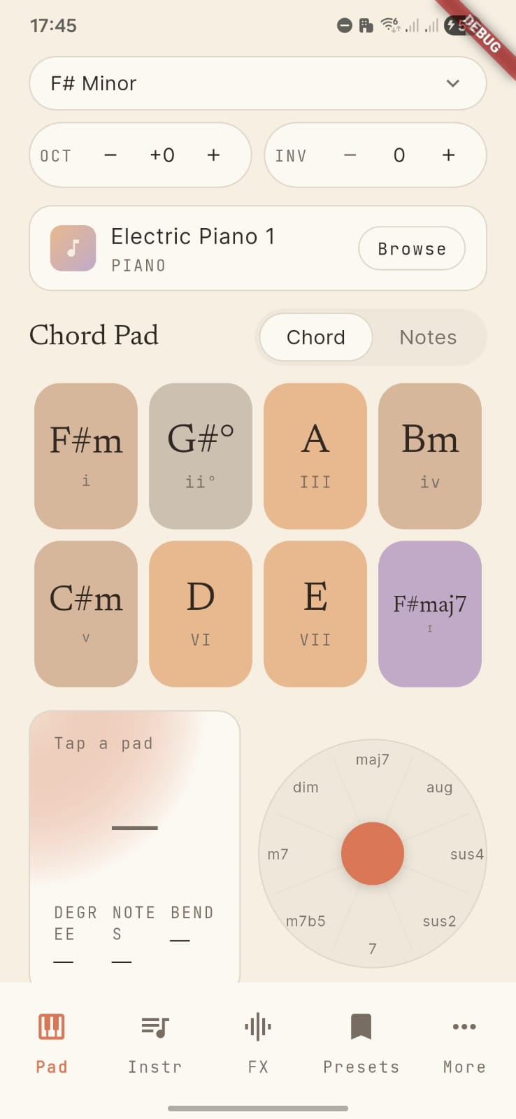 SynthChord Pad screen showing eight chord pads in F# Minor with the joystick wheel below