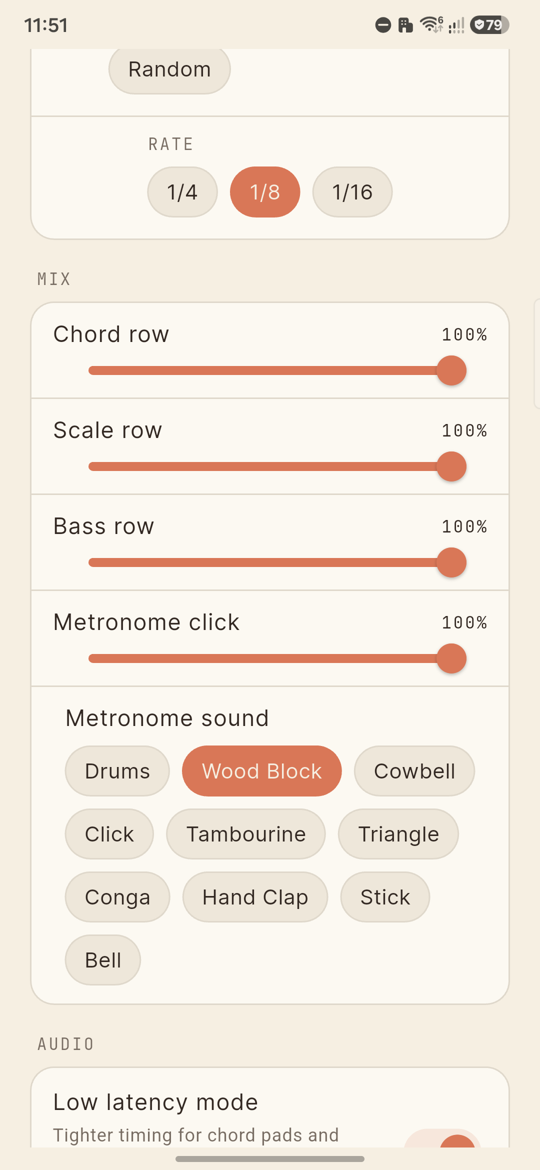 SynthChord Settings mix section showing per-row volumes and the metronome sound picker